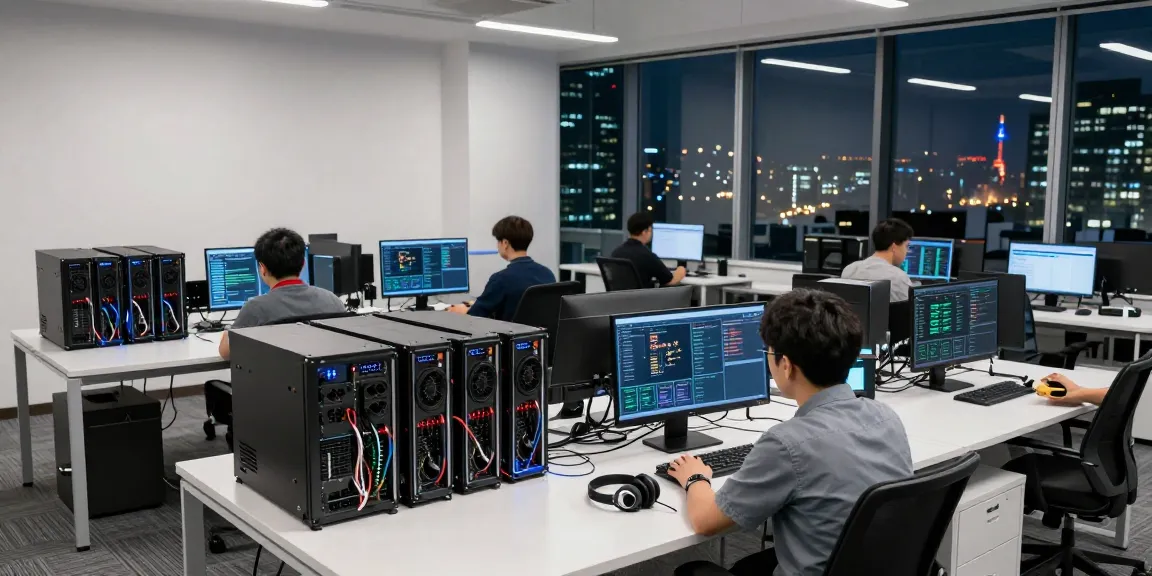 Crypto mining service in a modern office setup with high-tech mining equipment and digital displays.