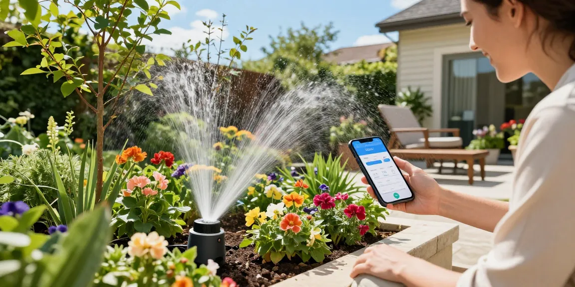 Smart sprinkler watering a colorful garden while a homeowner controls it via smartphone, showcasing modern irrigation.