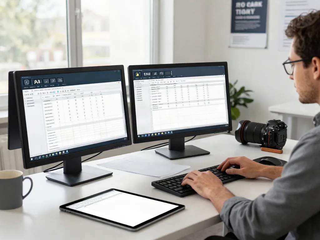 Tax Software for tax pros workplace with professional using multi-monitor setup in a bright office.