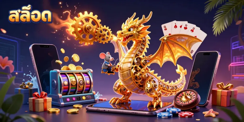 Spin to win with สล็อต as golden gears and coins erupt from an epic slot game scene.