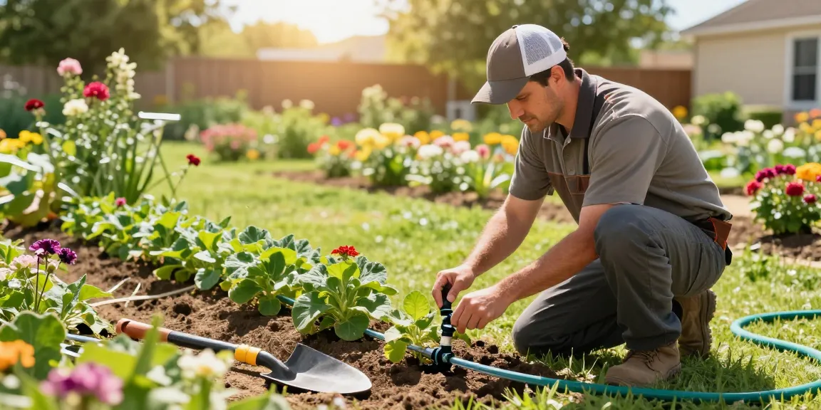 Professional Irrigation Services in Azle, TX, with a technician adjusting a drip irrigation system in a lush garden setting.