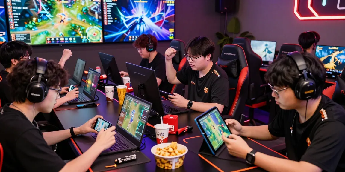 Diverse group of gamers celebrating victories and strategizing in an engaging mantra88 online gaming environment.