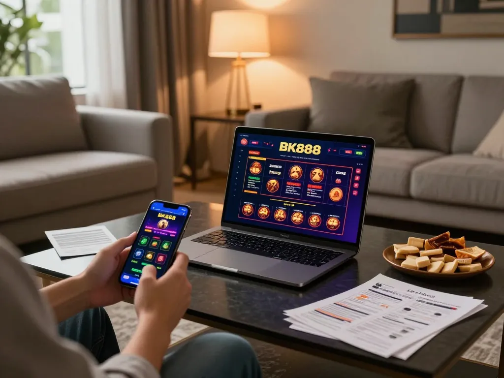 Engaging online gaming scene showcasing BK888 app on smartphone and laptop interface.
