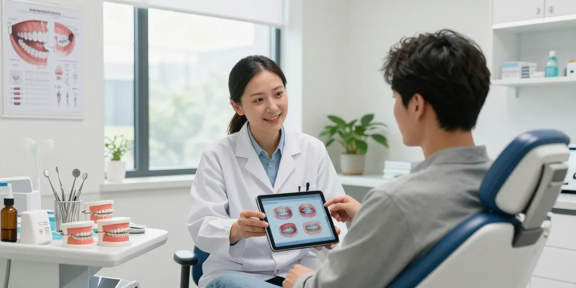 Adult consultation about metal braces in a modern orthodontic clinic, showcasing a professional atmosphere.