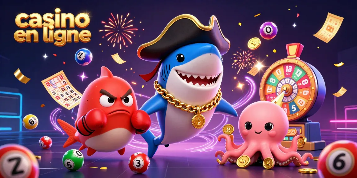 Une scène dynamique avec un requin pirate, un poisson-globe en colère, et une pieuvre mignonne, mettant en avant des jeux de casino en ligne.