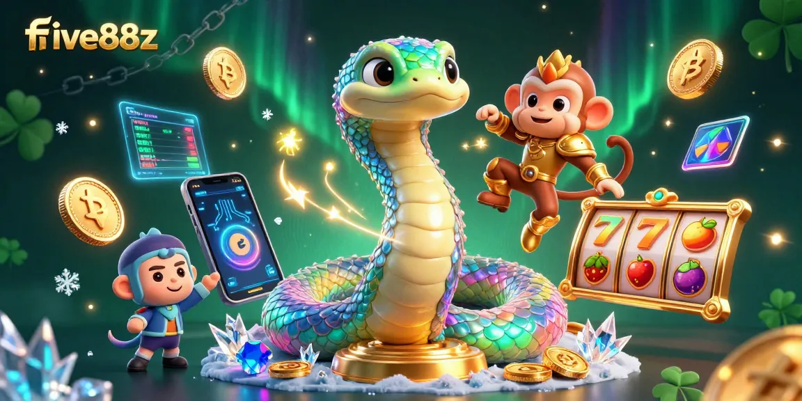 Engage with five88z in this vibrant 3D casino scene featuring a rainbow serpent and crypto elements.