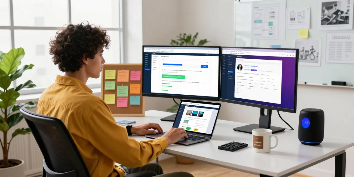 Engaging scene on Webflow content automation with digital marketer at a modern desk showcasing vibrant design projects
