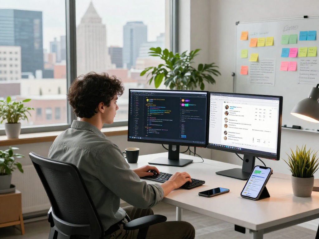 Developer designing a nsfw chat bot in a modern workspace with innovative tools and analytics.