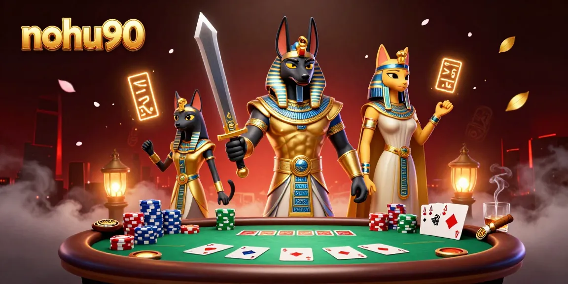 Experience thrilling poker action at nohu90 with Anubis and Bastet amidst rich casino elements.