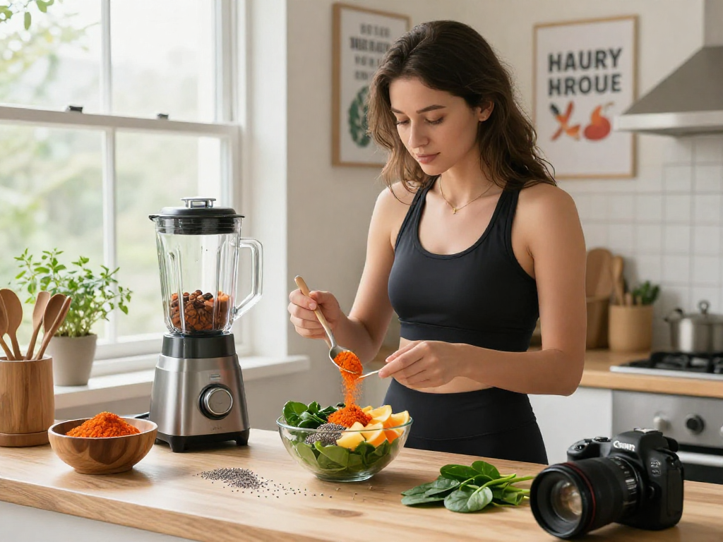 Preparing a vibrant smoothie bowl with premium astaxanthin powder showcasing healthy ingredients in a bright kitchen.