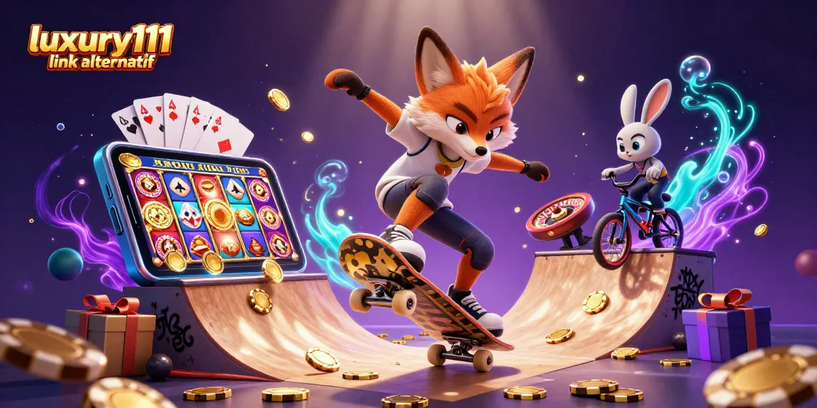 Engage with luxury111 link alternatif by enjoying a vibrant casino-themed illustration featuring dynamic characters and gaming elements.
