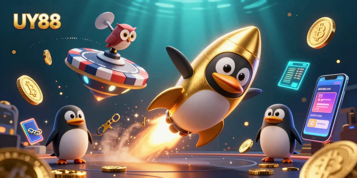 Experience UY88 in a thrilling 3D casino adventure with a golden penguin and crypto elements.