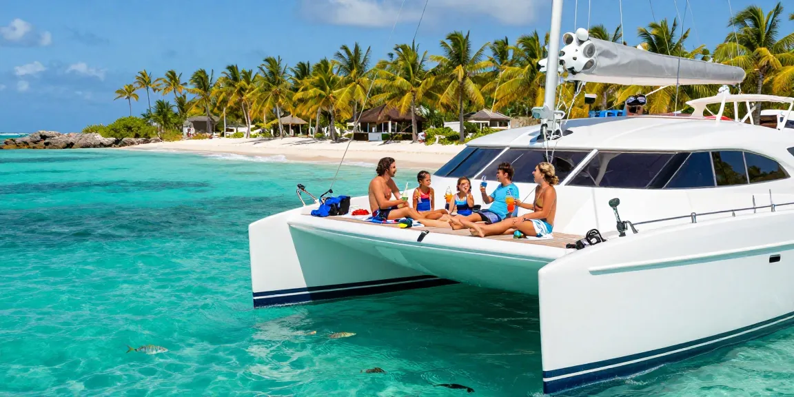 Exciting yacht rental Punta Cana experience with family on a luxury catamaran, clear waters and vibrant scenery.