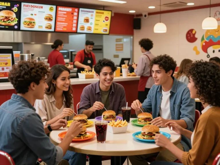 Friends enjoying meals at a fast food restaurant, showcasing vibrant fast food prices.