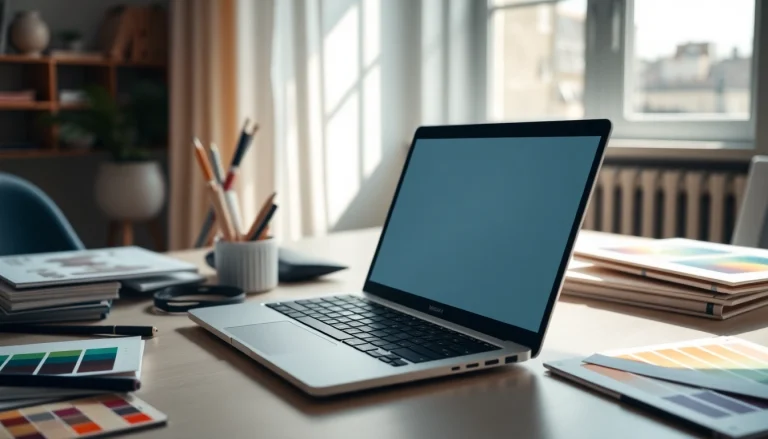 Arbeiten auf https://alvionz.de/ mit kreativen Tools und einem modernen Laptop in einem hellen Raum.