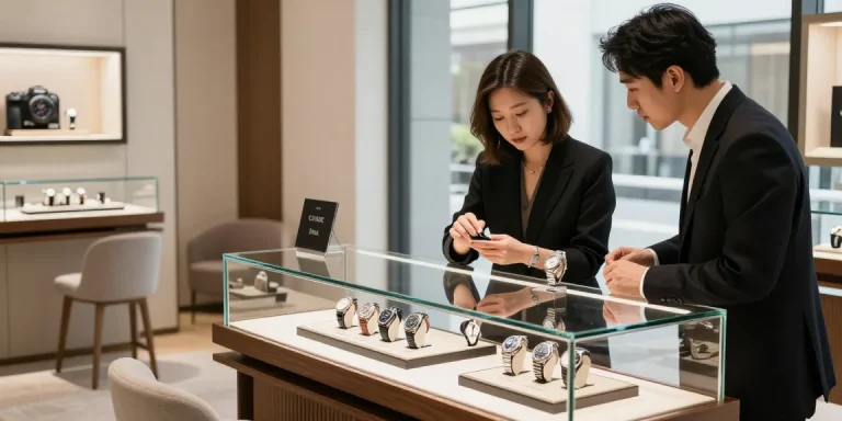 Customer exploring clone watches in a stylish luxury watch boutique.
