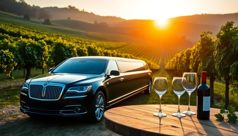Experience a premium winery limo service parked amidst a breathtaking vineyard.