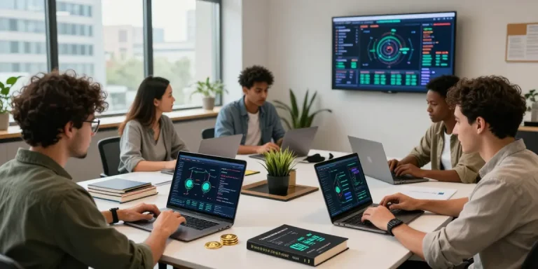 Bitcoin cloud mining collaborative workspace with cryptocurrency analytics and team discussions in a modern co-working setting.