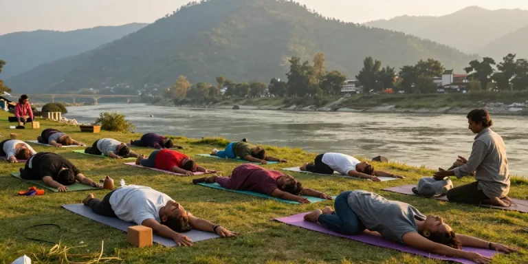 Yoga teacher training in Rishikesh India, students practicing poses outdoors, serene Ganges backdrop, holistic journey atmosphere.