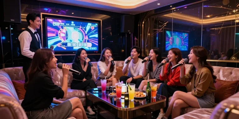 강남가라오케에서 친구들과 함께 노래 부르고 있는 고급스러운 룸의 생동감 있는 모습