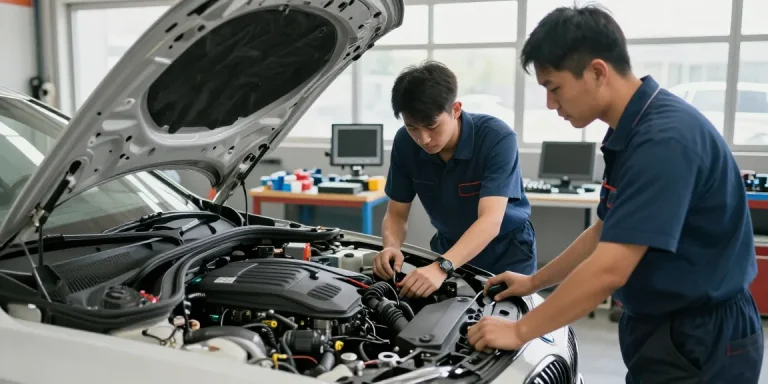 Professionelle BMW Werkstatt Hannover mit Technikern bei der Motorinspektion und Diagnosegeräten.