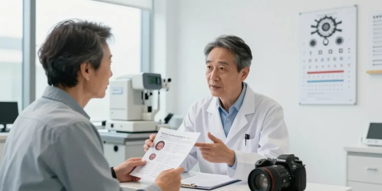 Consultation for glaucoma treatment in a modern ophthalmology clinic, showcasing doctor and patient discussing symptoms.