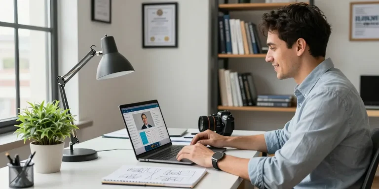 Self-employed consultant engaging in a video call in a well-designed workspace, showcasing professionalism and productivity.