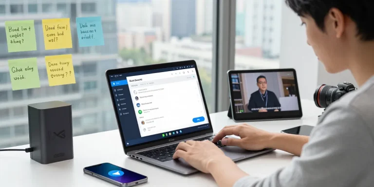 Setting up Telegram in China on a laptop with Chinese language interface and tech gadgets.