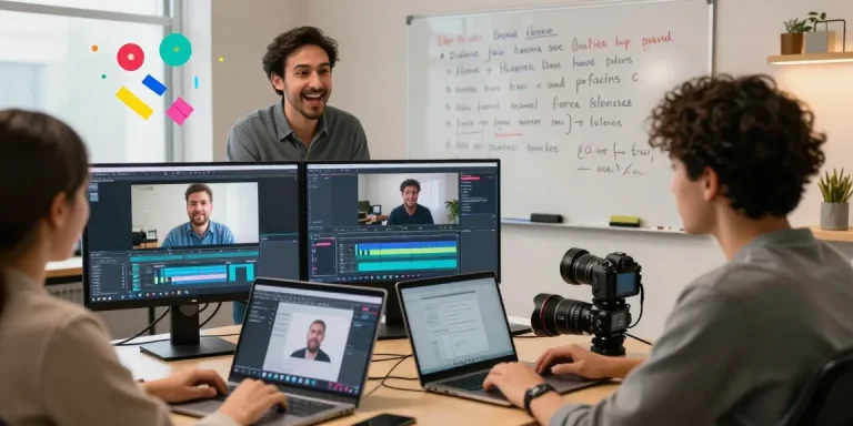 Engaging online classroom for a video processing course online with diverse students and vibrant editing software.