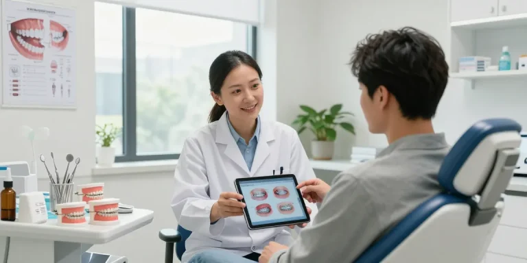Adult consultation about metal braces in a modern orthodontic clinic, showcasing a professional atmosphere.