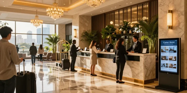 Guests at Carter Hotel's front desk experience a smooth rokok88 login process in a luxurious atmosphere.