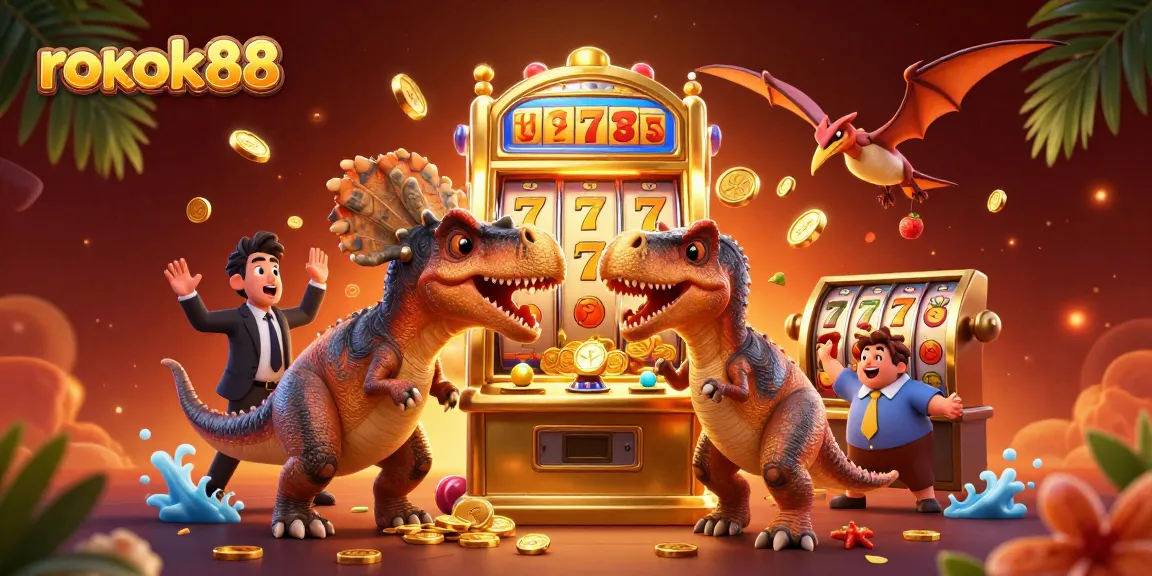Witness rokok88's vibrant 3D illustration of a dinosaur-themed casino scene with dynamic slot machine action.