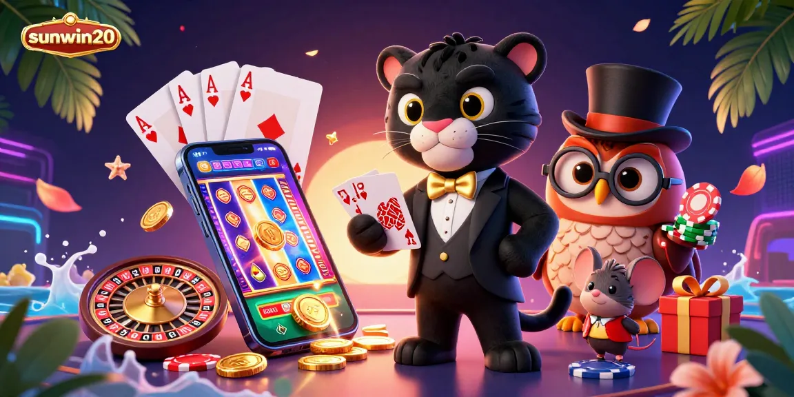 Experience sunwin20 with a vibrant casino scene featuring a stylish tuxedo panther, a top-hat owl, and a lucky mouse.