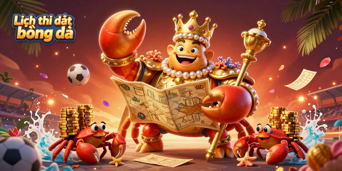 Lịch thi đấu bóng đá highlighted as a scene with sports elements, featuring a golden crab emperor overseeing a treasure map.