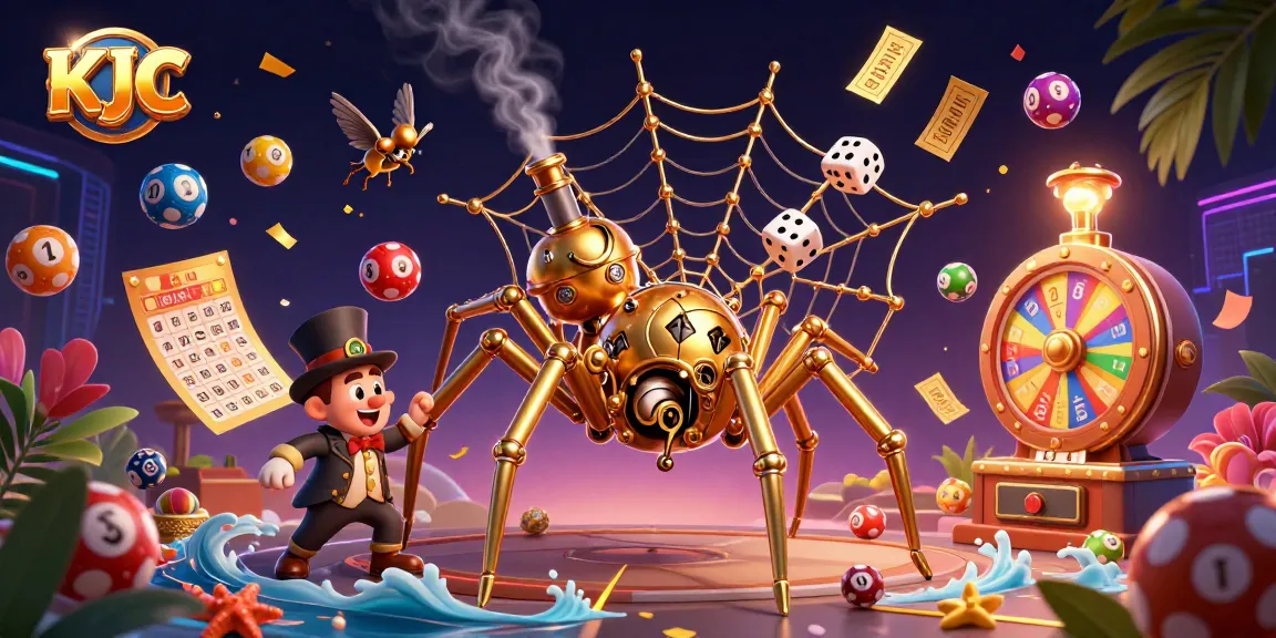 KJC offers an immersive gambling experience with vibrant visuals of golden spider and lottery excitement.