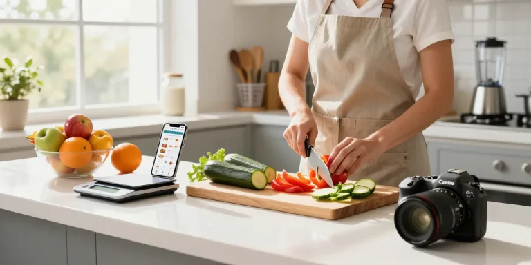 Home cook using the best food tracker while preparing fresh ingredients for healthy meals