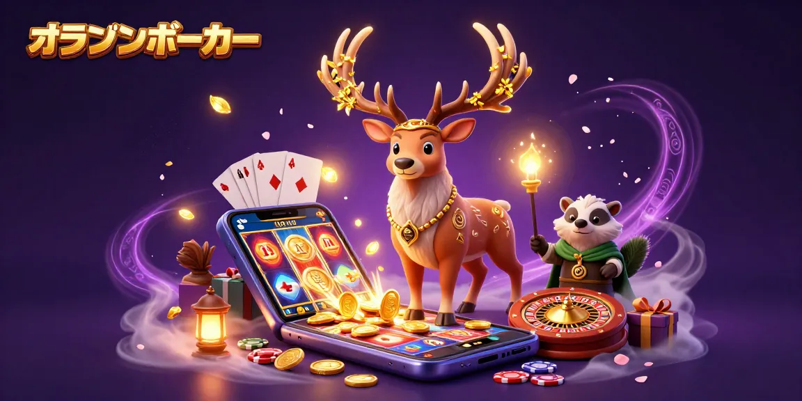 オンラインポーカーでの戦略的プレイを楽しむ3Dイラスト、ポーカーチップやスロットゲームとの組み合わせで賑やかに。