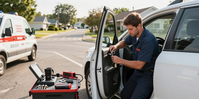 Automotive locksmith responding to a situation where Autosleutel kwijt, expertly unlocking a vehicle at roadside.