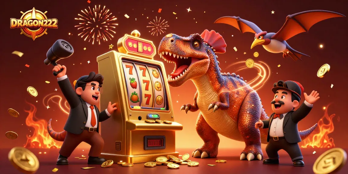 Watch DRAGON222 payout massive jackpots as coins fly from the slot machine in this vivid casino illustration.
