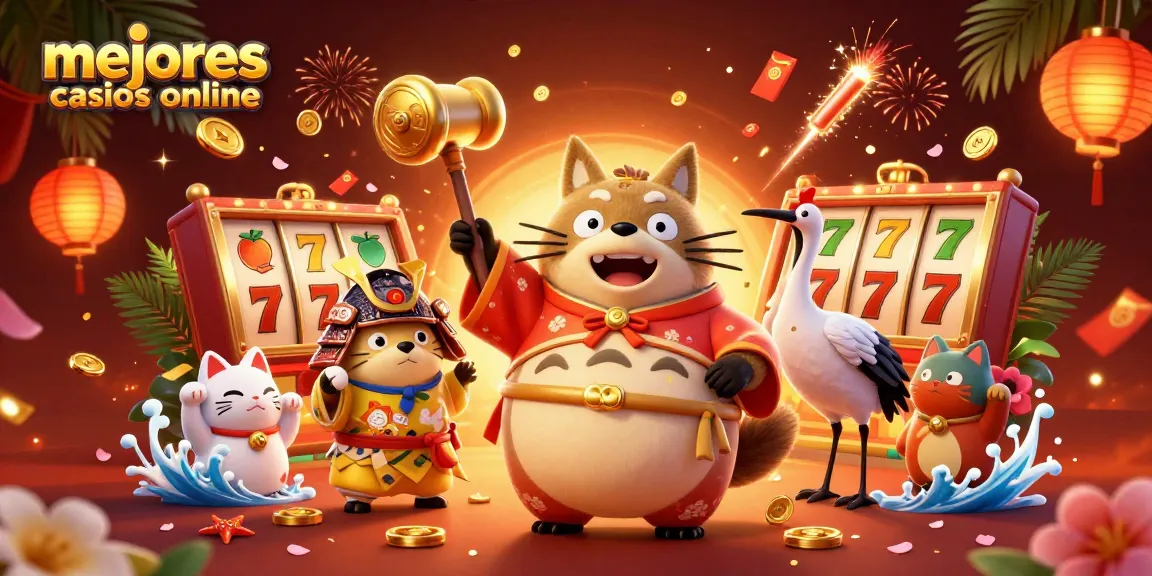 Descubre los mejores casinos online en una escena vibrante con personajes únicos y elementos de juego.