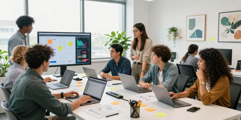 Dynamic collaborative workspace of a Digital Marketing Agency showing a diverse team strategizing with laptops and analytics.