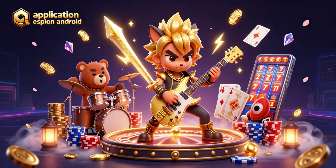 Joue à application espion android avec un loup rock star et un ours tambourinant, entouré de jetons et pièces d'or.
