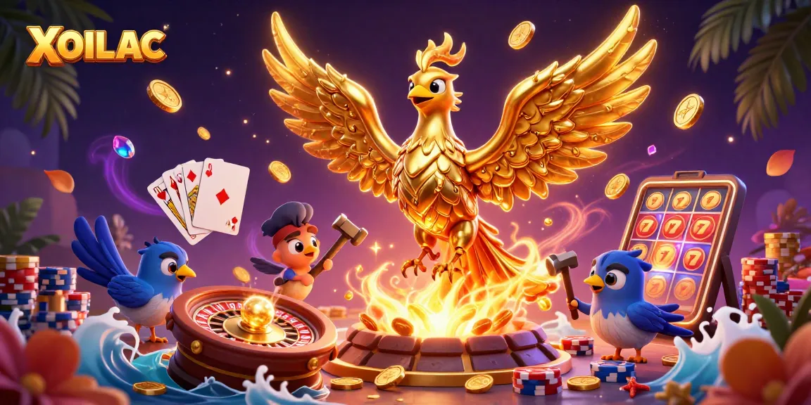 Experience thrilling betting moments with XOILAC's golden phoenix amidst dazzling casino elements.