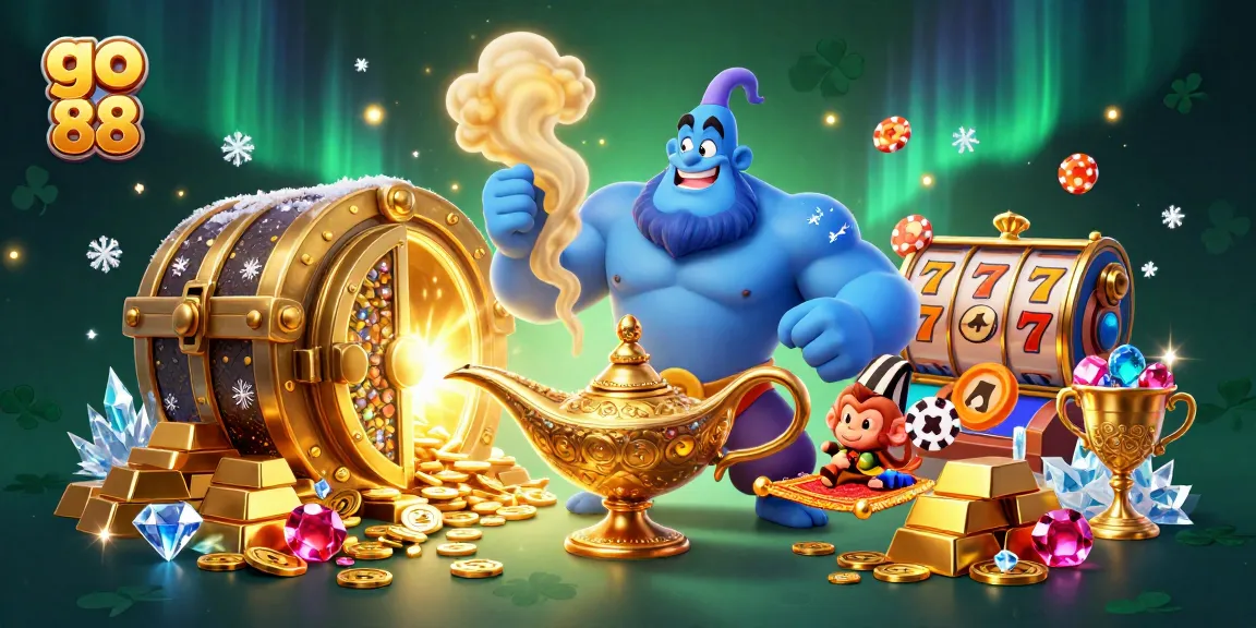 Experience the excitement of go 88 with a vibrant, detailed casino scene featuring a genie, jewels, and magic!