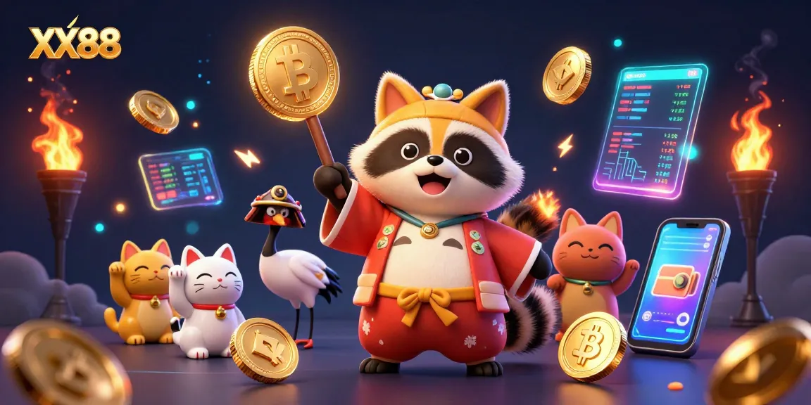 Win big with XX88's vibrant digital casino, showcasing cheerful characters and glowing crypto elements.