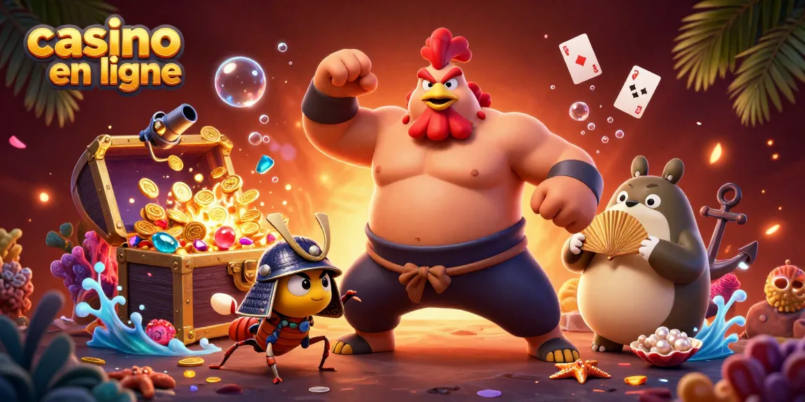Illustration dynamique de casino en ligne réunissant un sumo, un criquet, et un tanuki, entourés de trésors sous-marins et de jeux de cartes.