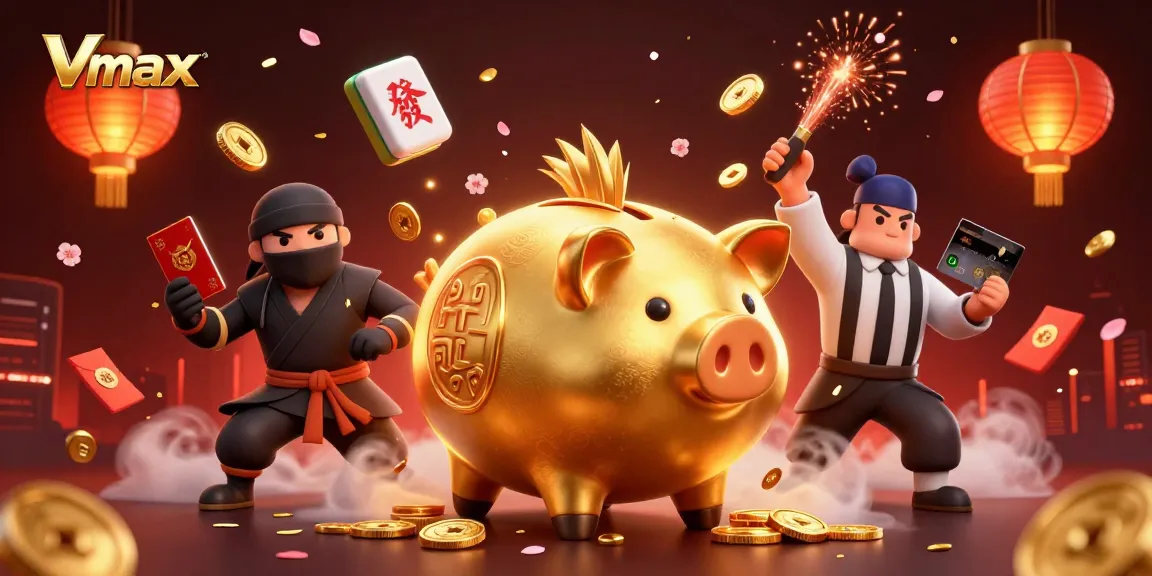 Experience thrilling gaming action at Vmax with a vibrant scene featuring a sumo wrestler, ninja, and samurai.