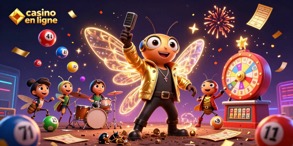 Jouer sur casino en ligne où une cigale rock star émerge avec des éléments de jeu dynamiques autour d'elle.