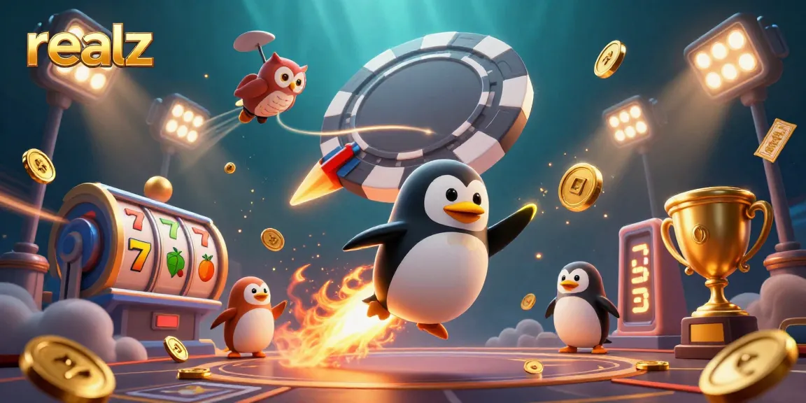 Experience realz excitement with a golden penguin racing toward a vibrant casino station in an epic gaming scene.