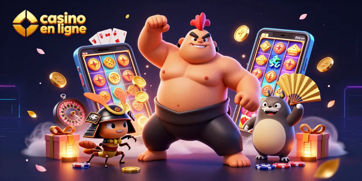 Visuel captivant représentant un casino en ligne dynamique avec un coq sumo, un grillon samouraï et un tanuki annonceur.